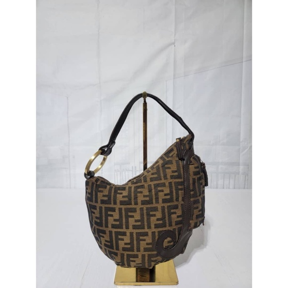 Authentic Fendi Tobacco Zucca Canvas and Leather Oyster Bag Brown - Picture 4 of 11